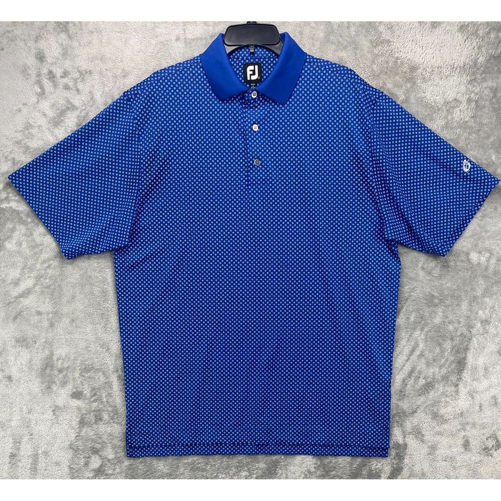 FJ FootJoy Men's Performance Polo Shirt Sz L Blue Circles AOP Athletic Fit Golf